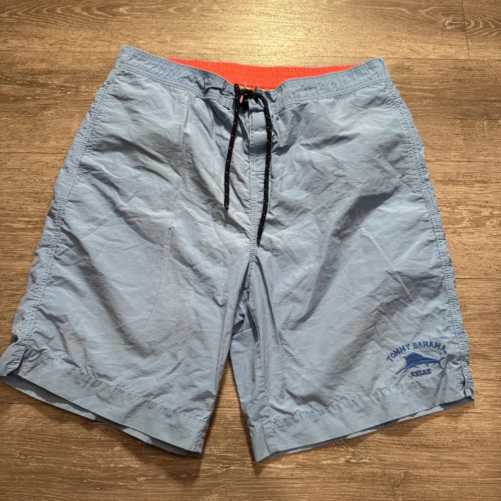 Tommy Bahama Swim Trunks Mens L Blue Cotton Nylon Vacation Beachwear Marlin Logo